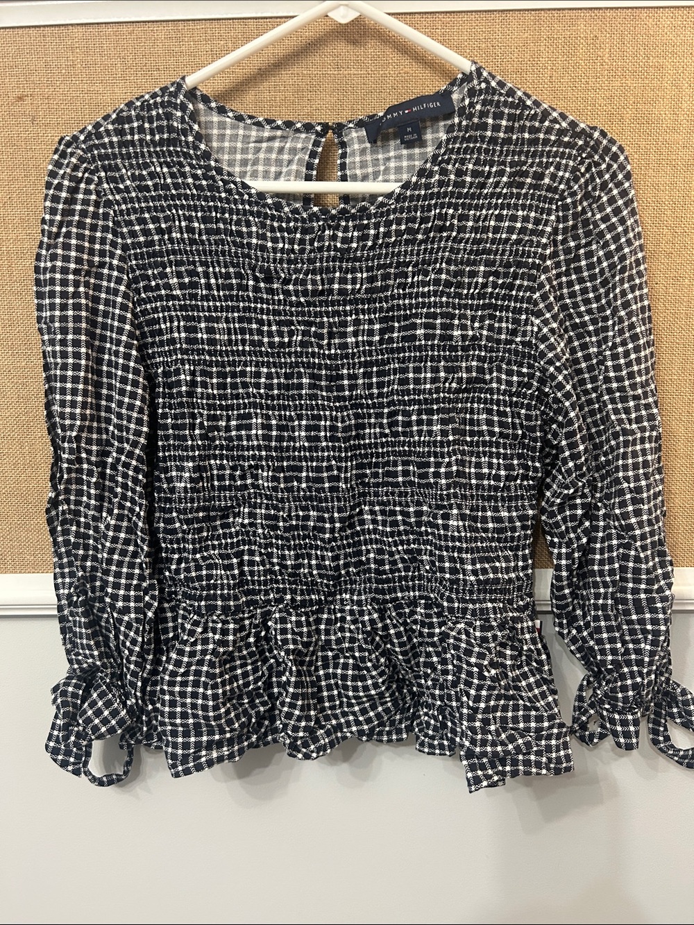 Tommy Hilfiger Black & White Smocked Peplum Blouse